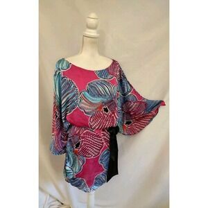 Laundry By Shelli Segal Dress Tunic Shirt Dress Satin Mosaic Floral Sash Belt XL